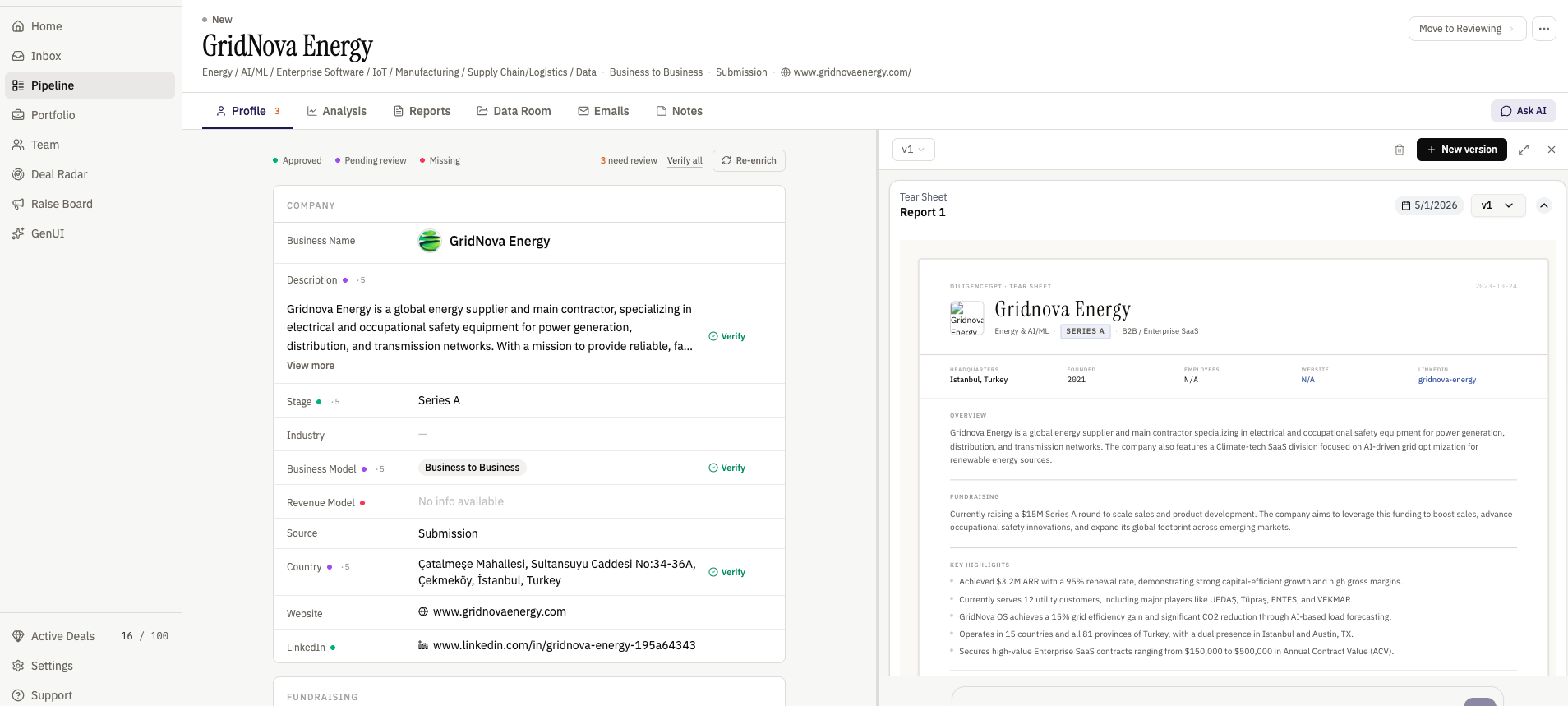 DiligenceGPT pipeline view: a verified GridNova Energy company profile alongside an AI-generated investor tear sheet